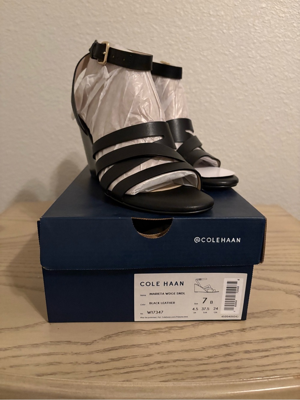 Cole Haan Black Leather Strappy Wedge Sandals with Ankle Buckle